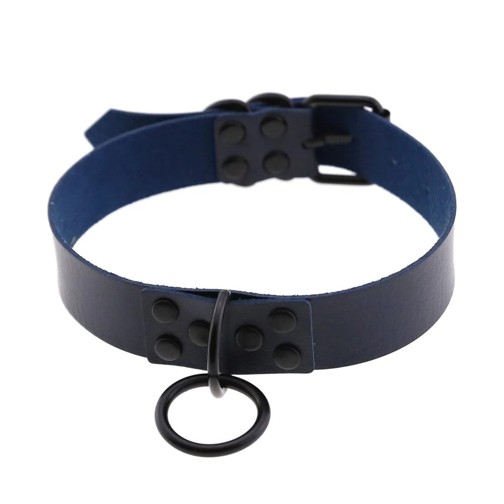 Punk rock gothic choker necklace in navy PU leather with zinc alloy details and black hardware for women.