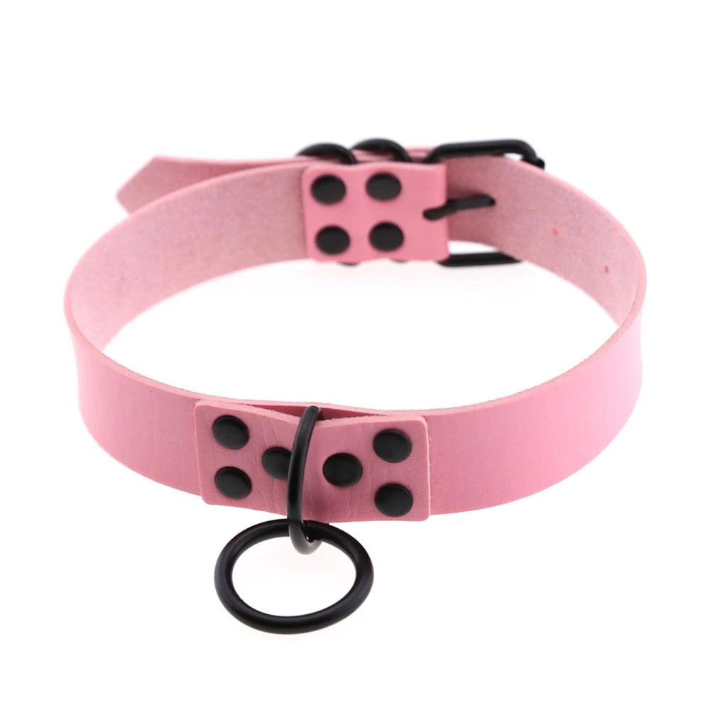Stylish pink PU leather choker with black detailing, perfect for punk rock and gothic fashion.