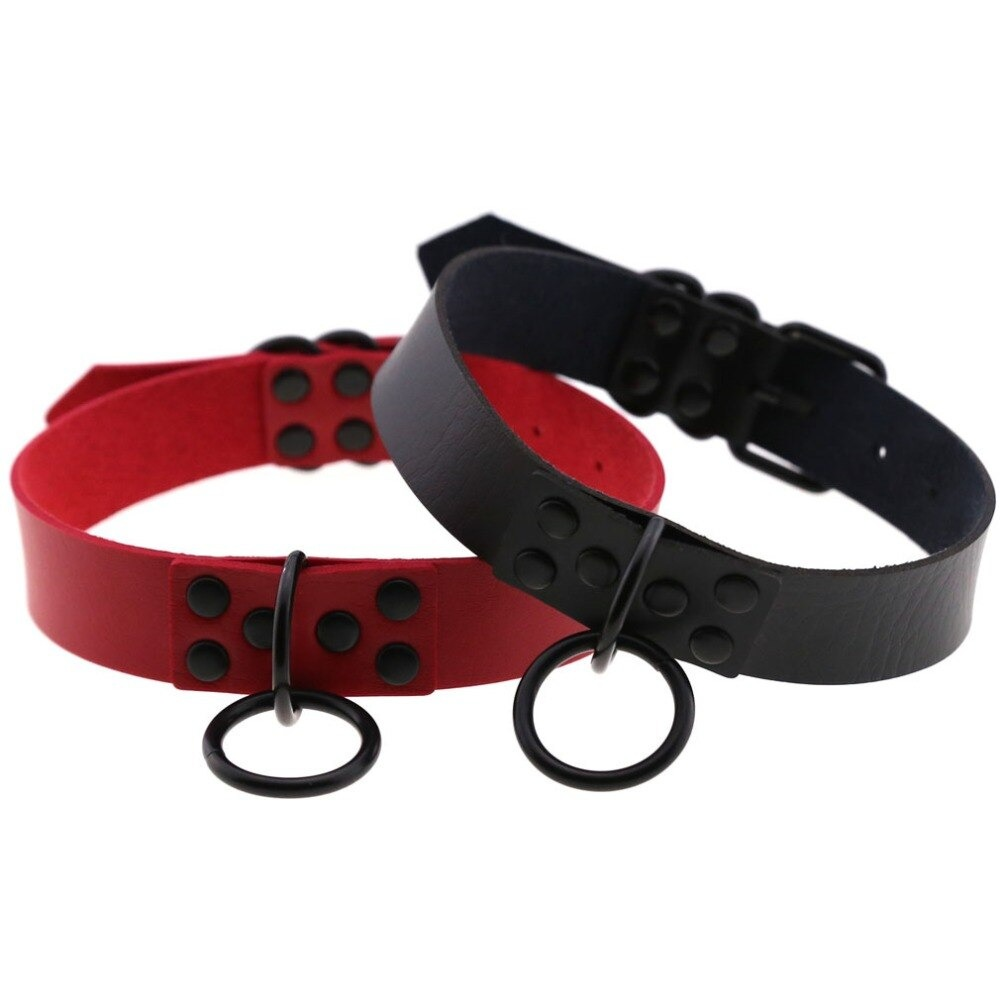 Punk rock choker necklaces in black and red PU leather with zinc alloy details and decorative studs.