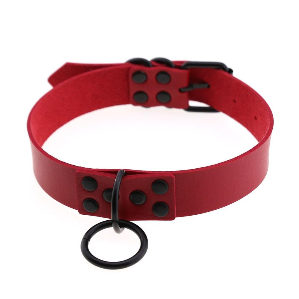 Punk style red PU leather choker with black studs and ring detail, perfect for gothic fashion outfits.