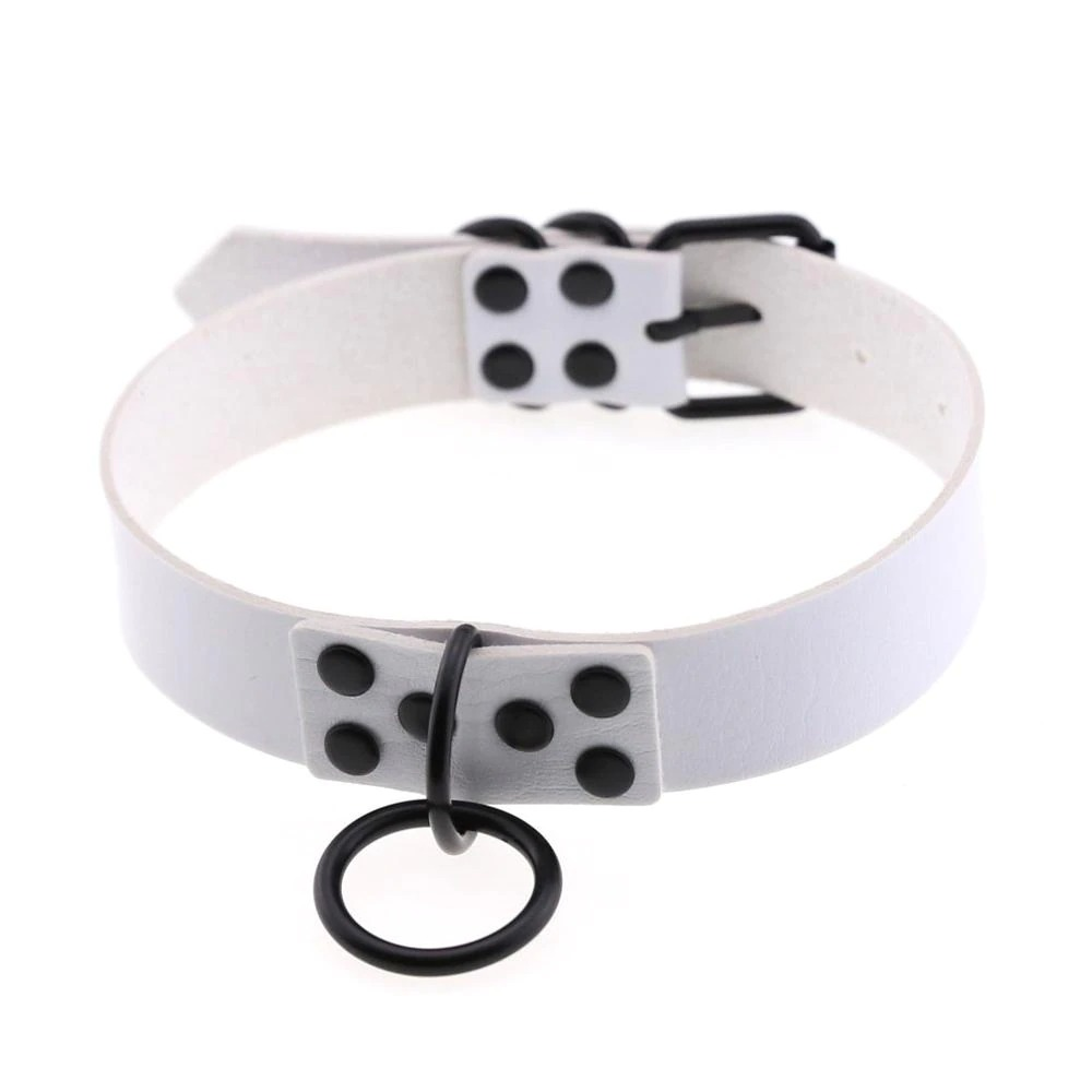 Punk rock gothic choker necklace in white PU leather with black studs and ring detail for edgy female fashion.