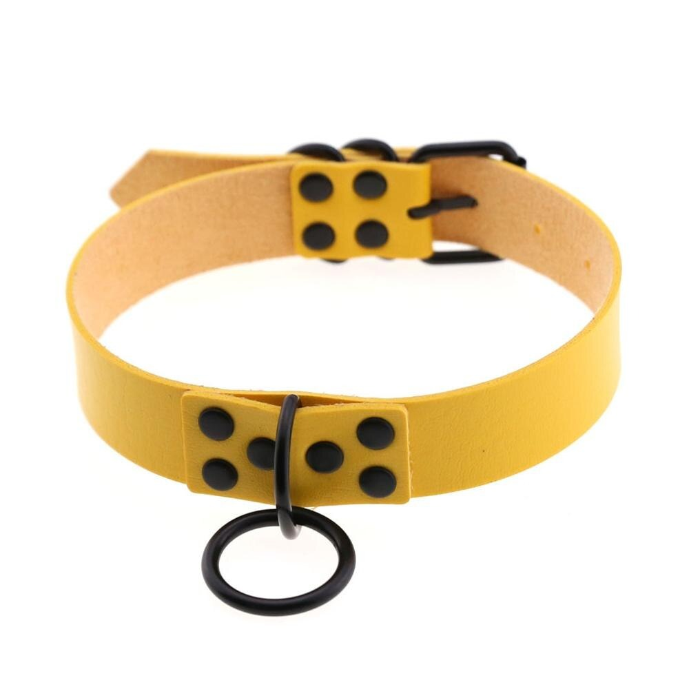 Yellow PU leather choker with black studs and circular ring, perfect for punk rock or gothic fashion styles.