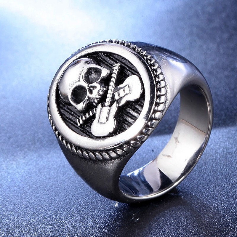 Punk Rock Guitar Skull Stainless Steel Ring / Biker Signet Ring  / Cool Jewelry for Men and Women - HARD'N'HEAVY