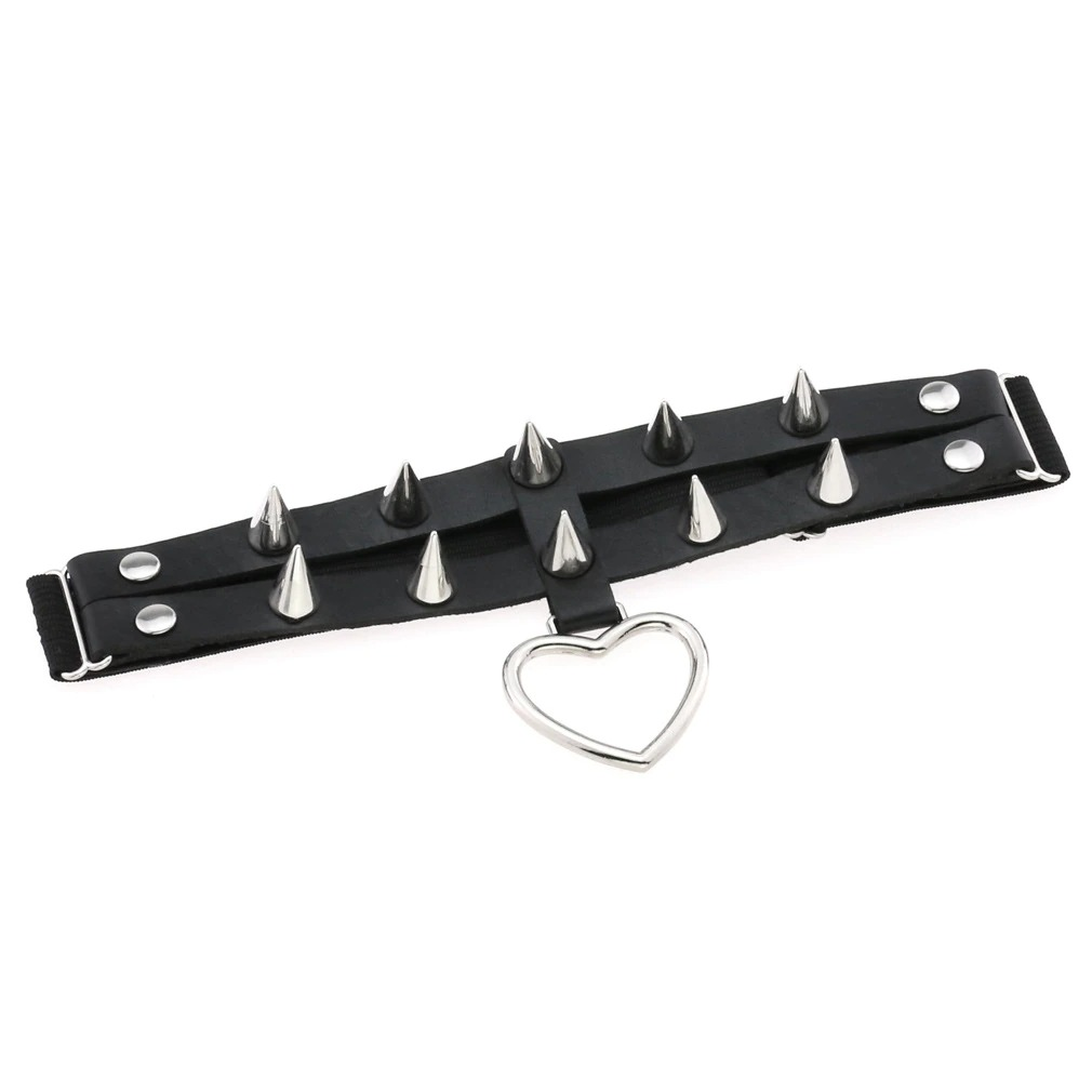 Black punk rock leg garter with silver spikes and heart pendant, stylish women's goth accessory.