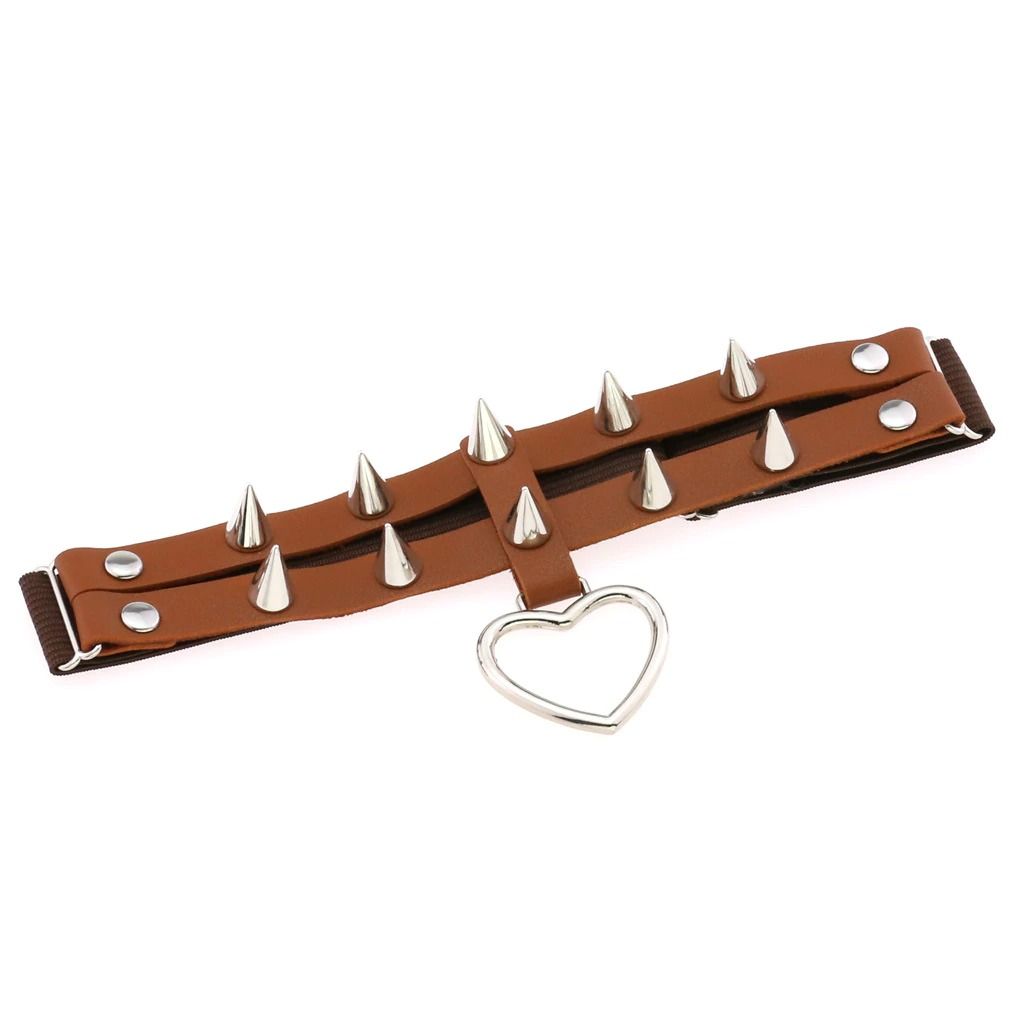 Punk Rock Heart Leg Garter with silver spikes and heart pendant, stylish women's goth accessory in brown PU leather.