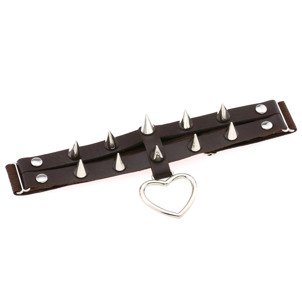 Punk rock heart leg garter belt featuring silver spikes and a heart pendant, made of quality PU leather.