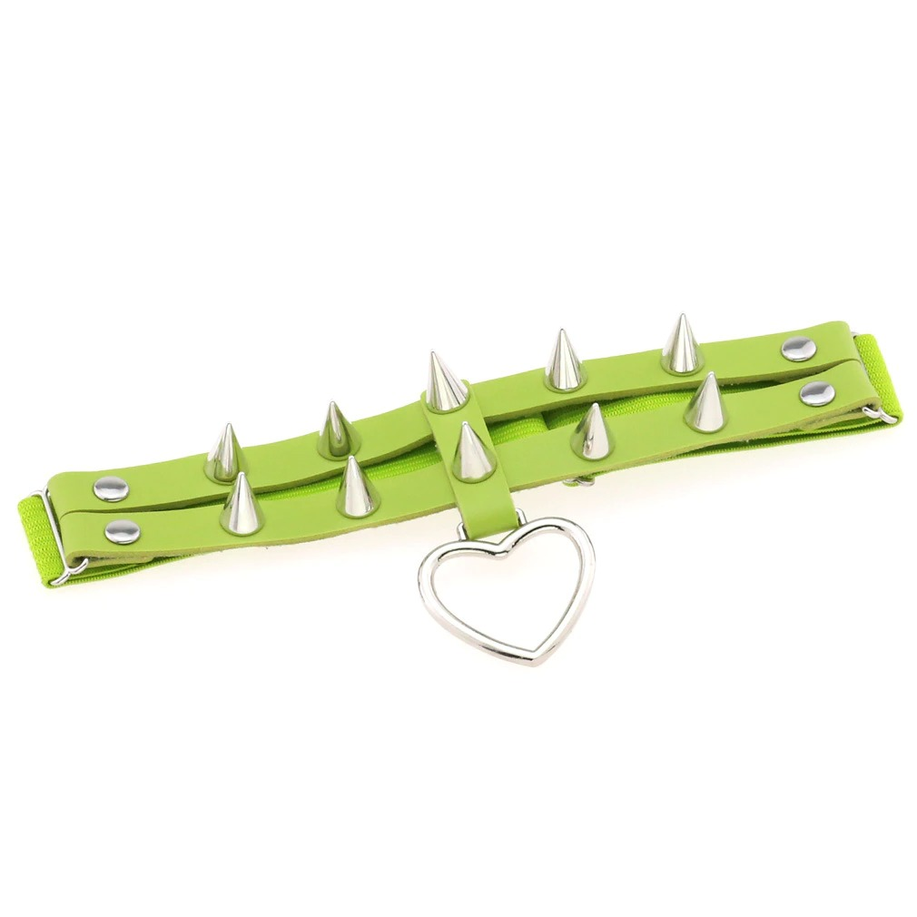 Punk rock heart leg garter in lime green with silver spikes and heart pendant, perfect for edgy women's fashion.