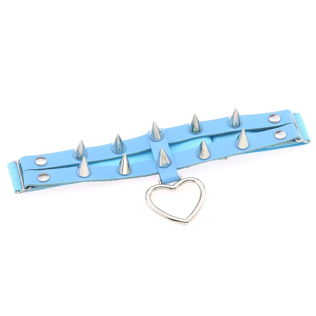 Punk Rock heart leg garter in blue with silver spikes, stylish women's goth accessory for edgy fashion.