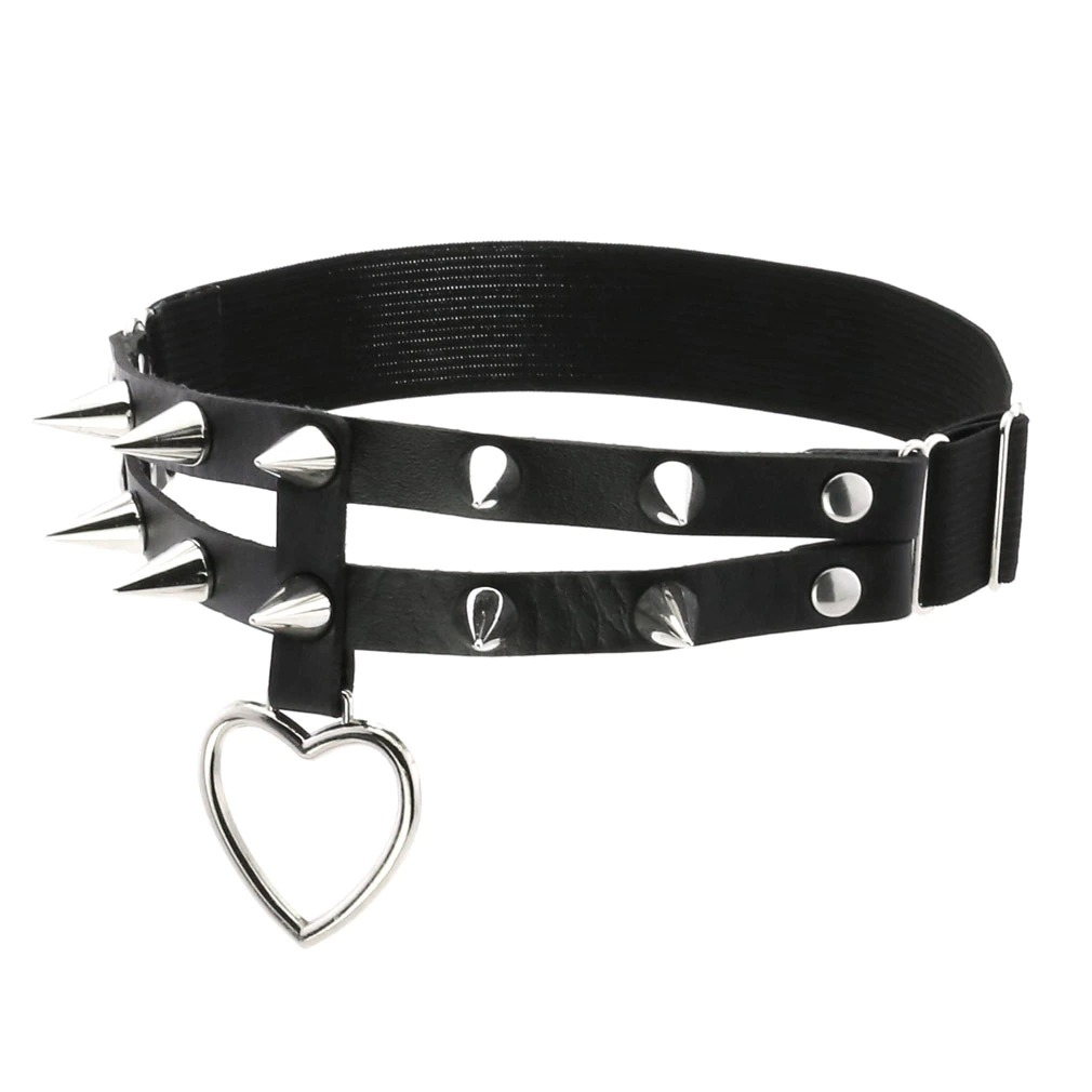 Punk rock heart leg garter in black PU leather with silver spikes and heart pendant, perfect goth accessory for women.