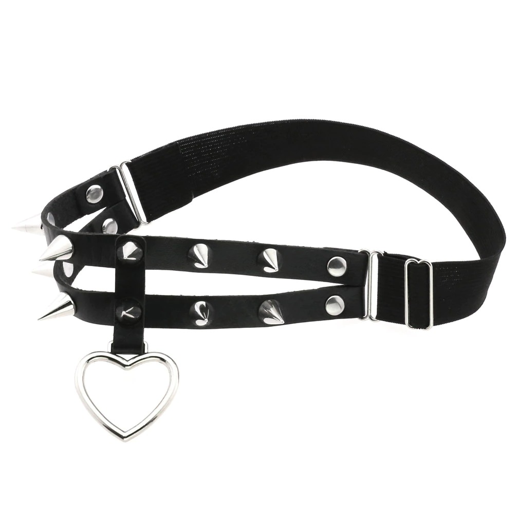 Punk rock heart leg garter in black PU leather with silver rivets and spikes, stylish accessory for goth fashion.