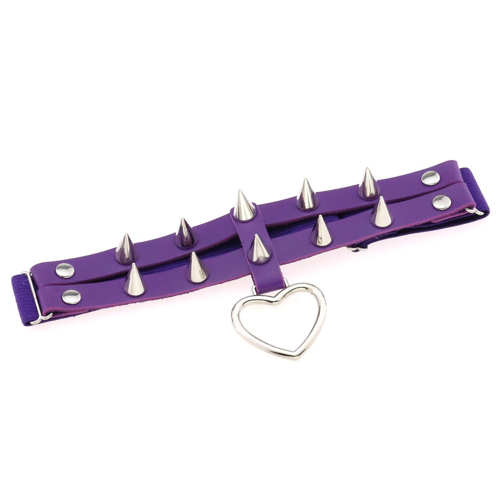 Purple punk rock heart leg garter belt with silver spikes, perfect women's goth accessory for bold style.