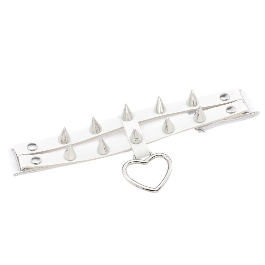 Punk rock leg garter belt in white PU leather with silver spikes and heart pendant, perfect for women's gothic fashion.