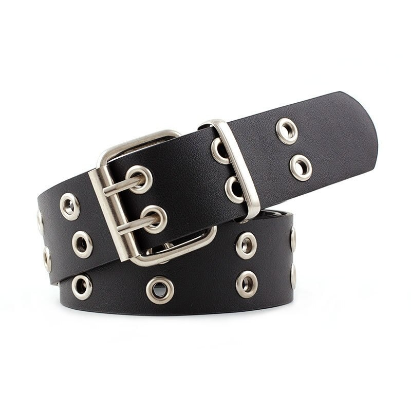 Punk rock women's PU leather belt featuring a stylish pin buckle and metal grommets, perfect for edgy outfits.