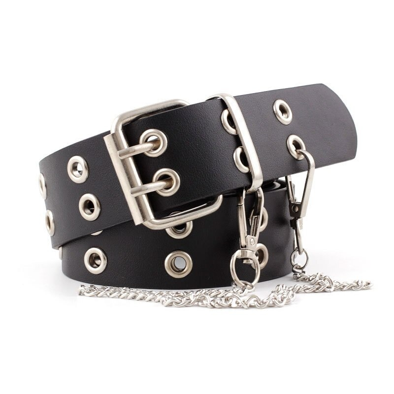 Stylish black PU leather punk rock belt with pin buckle and chain for women, featuring eyelets for a bold look.