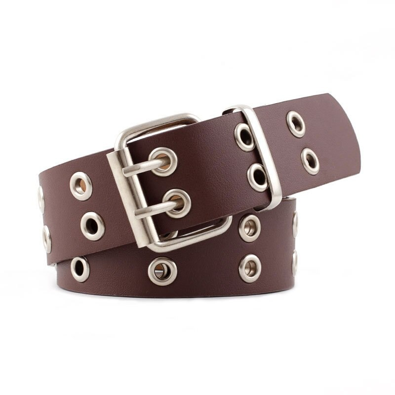 Brown punk rock PU leather belt with silver buckle and grommet details, perfect for stylish women's outfits.