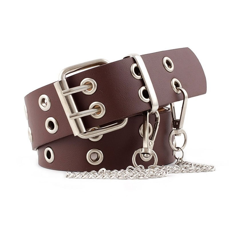 Punk rock PU leather belt for women with chain and pin buckle in brown, stylish and modern accessory.