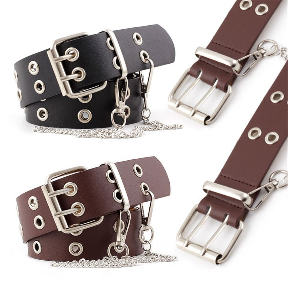 Stylish punk rock PU leather belts for women in black and brown with silver pin buckle and chain details.