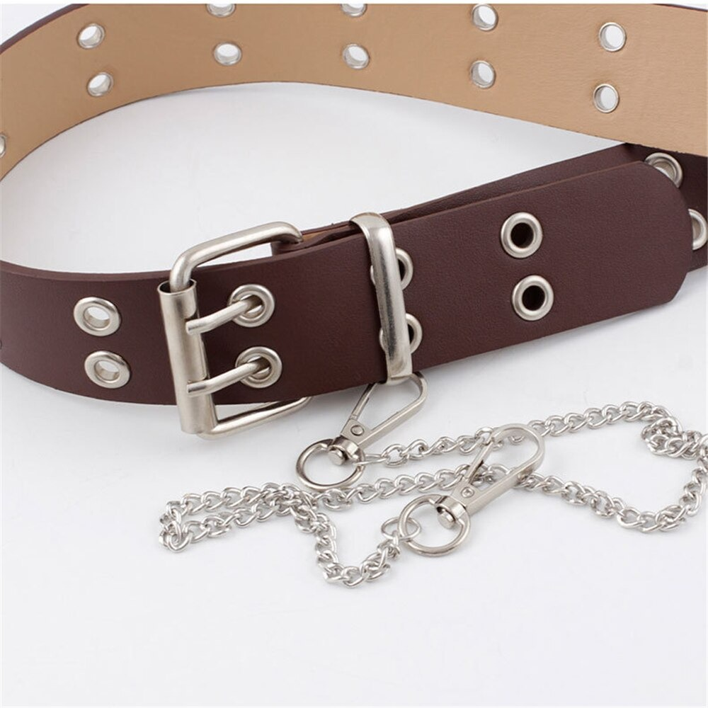 Punk rock PU leather belt for women featuring a silver pin buckle and chain for a stylish look.