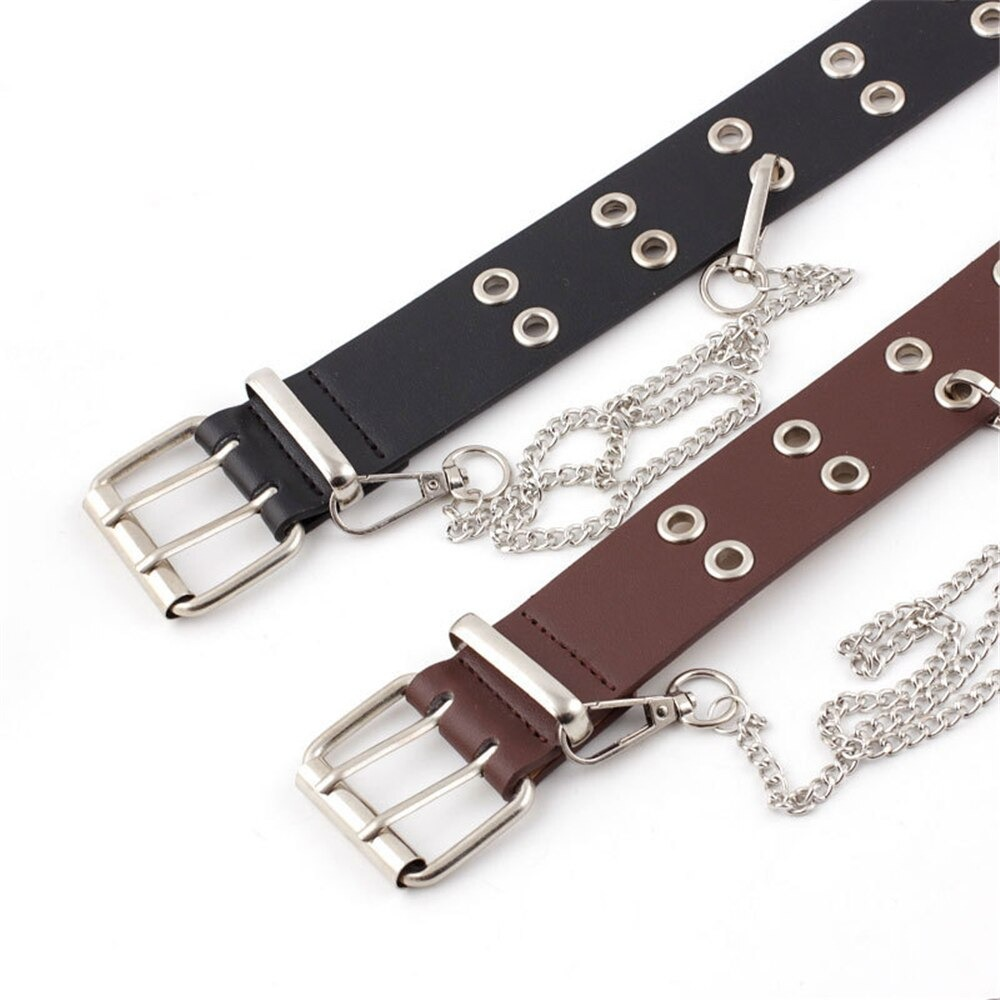 Punk rock PU leather belts for women in black and brown, featuring pin buckles and stylish chains.