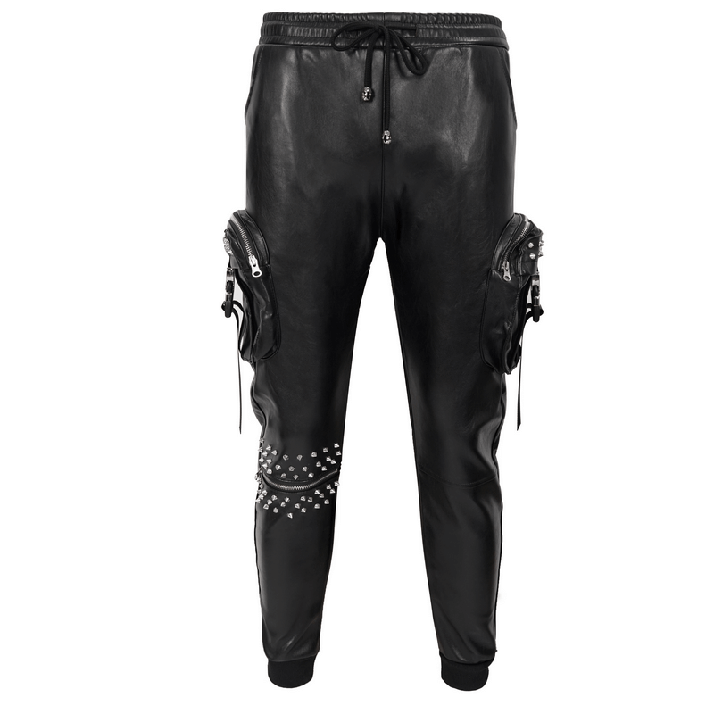 Stylish men's punk rock PU leather pants with three-dimensional pockets and fashion rivets, perfect for edgy outfits.