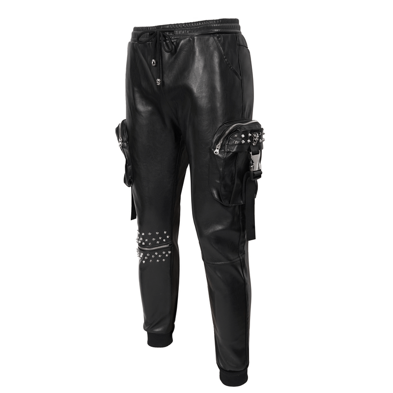 Punk rock black PU leather pants with three-dimensional pockets and fashion rivets, perfect for a stylish wardrobe upgrade.