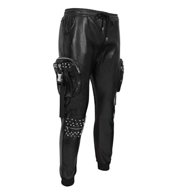 Punk Rock PU Leather Pants with Three-Dimensional Pockets / Fashion Rivets Elastic Waist Trousers