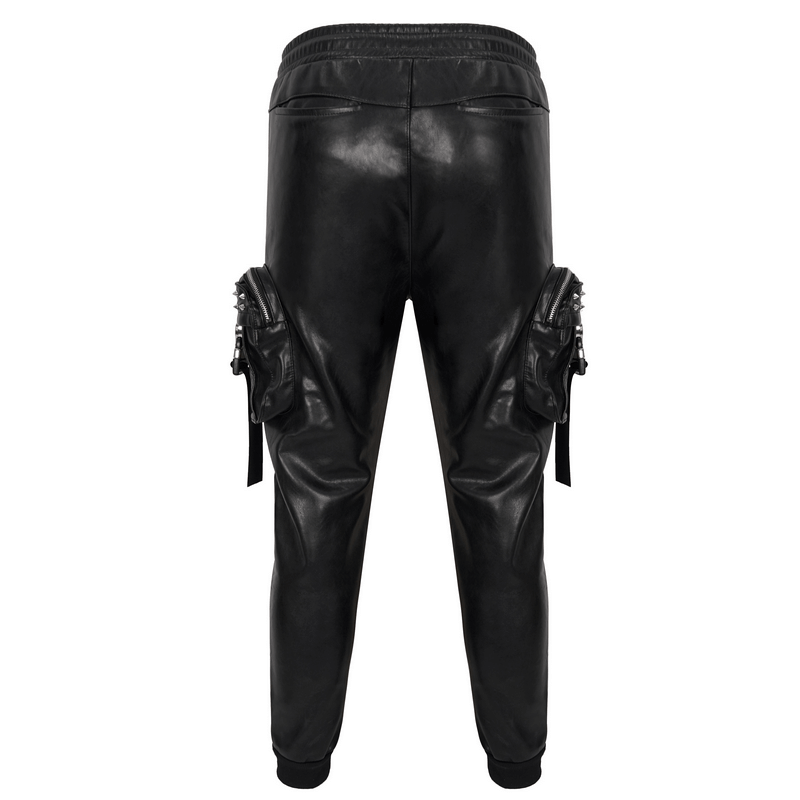Back view of black punk rock PU leather pants with elastic waist and stylish three-dimensional pockets.