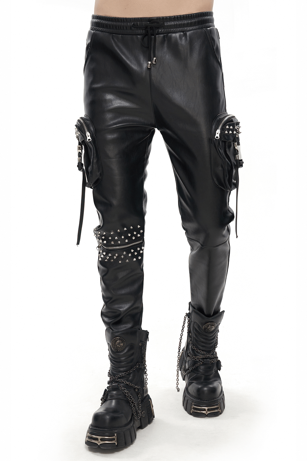 Men's punk rock PU leather pants featuring three-dimensional pockets and rivet details for a stylish look.
