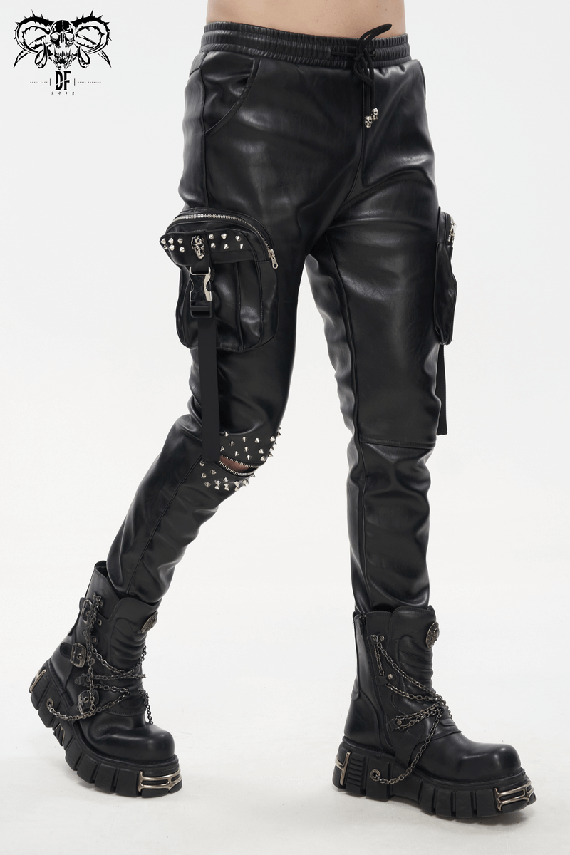 Punk Rock PU Leather Pants with Three-Dimensional Pockets / Fashion Rivets Elastic Waist Trousers