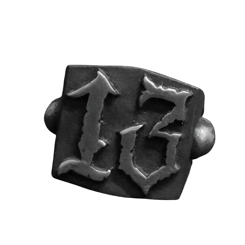 Retro gothic ring featuring the number 13 in a vintage punk rock style, crafted from stainless steel and titanium.