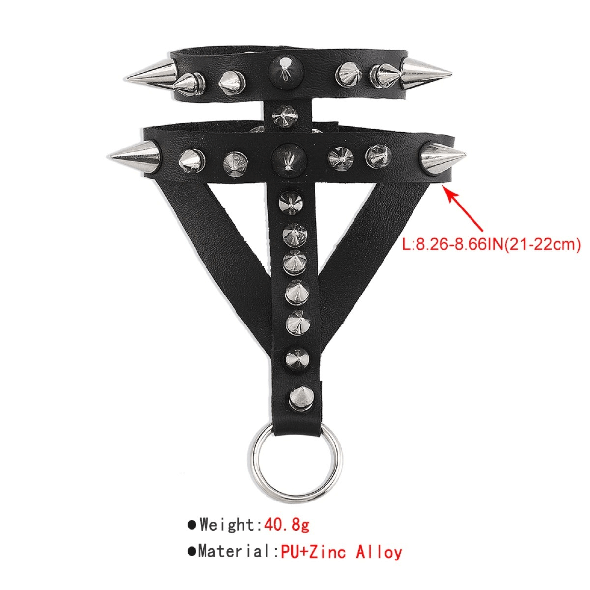 Punk rock leather bracelet with spikes and studs, adjustable size, stylish women’s accessory.