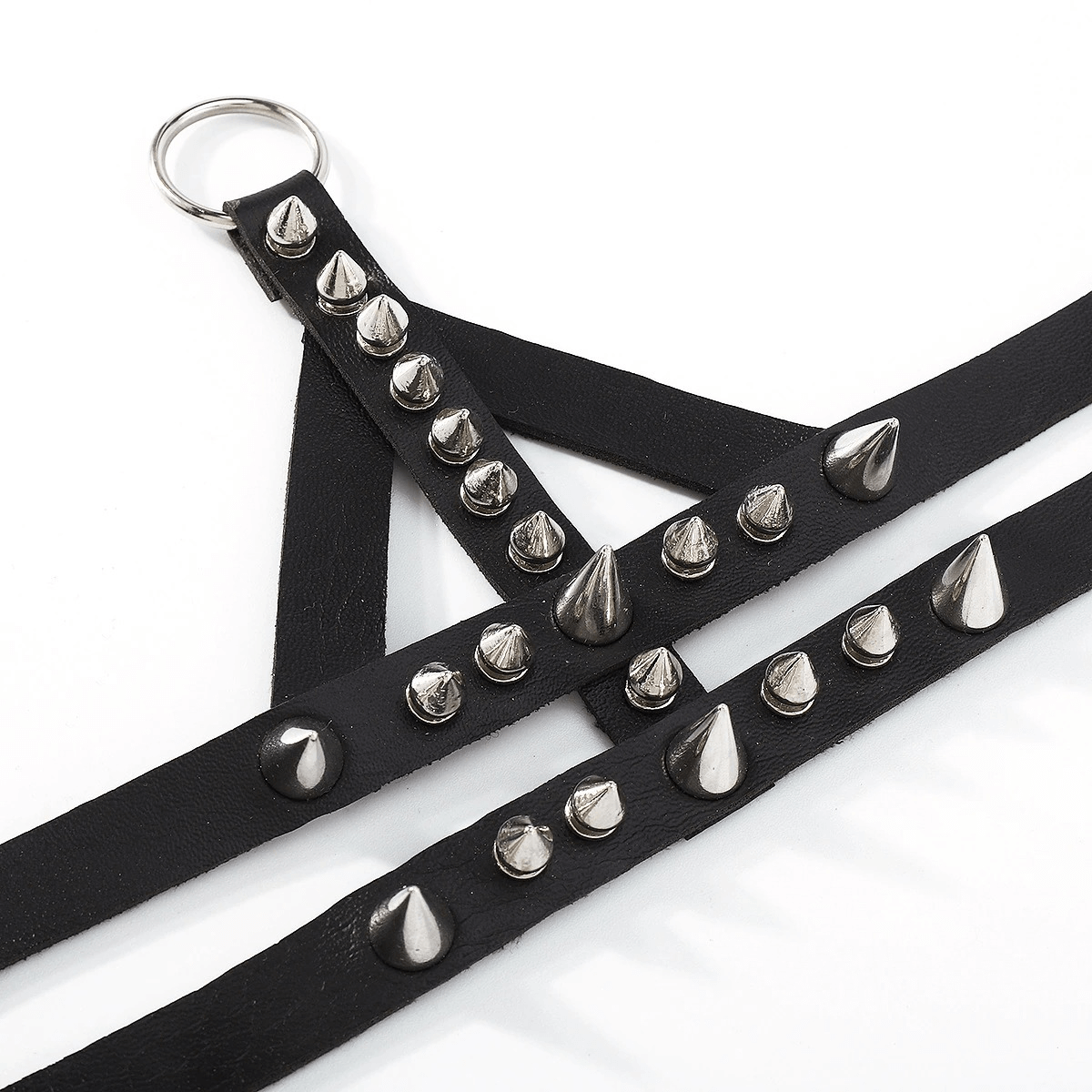 Punk rock style leather bracelet with metal spikes, ideal accessory for edgy outfits.