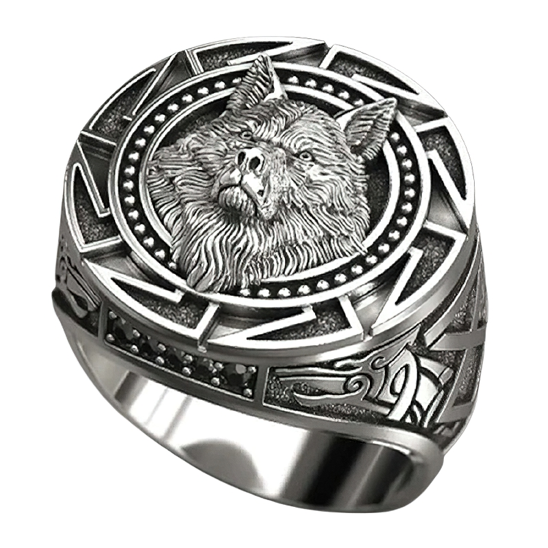 Punk rock wolf head men's ring, retro Celtic copper design, unique jewelry accessory for casual style.