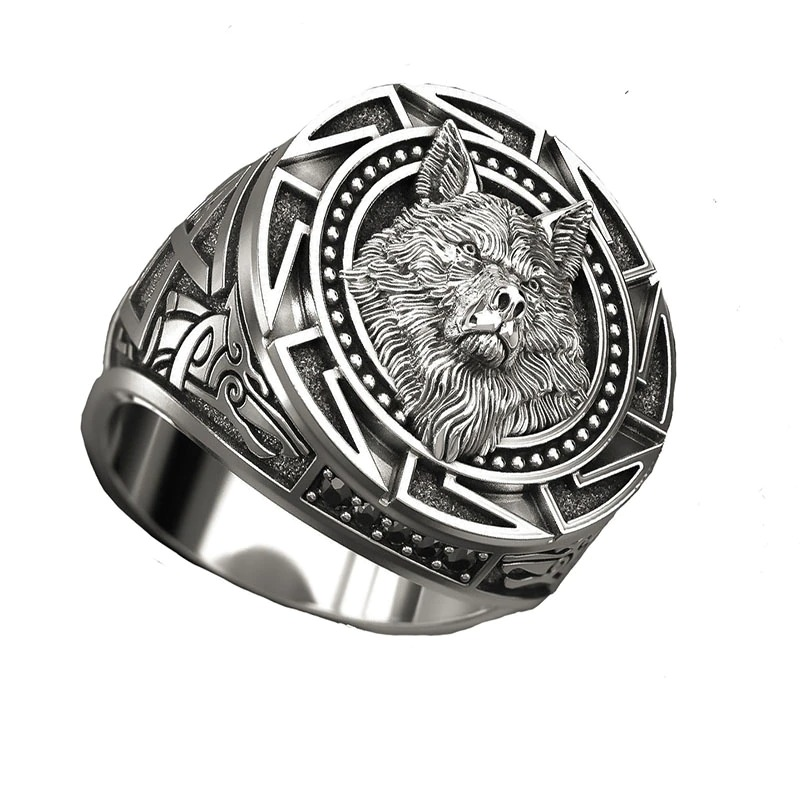 Punk rock wolf head men's ring featuring intricate Celtic designs in silver, perfect for a stylish alternative jewelry look.