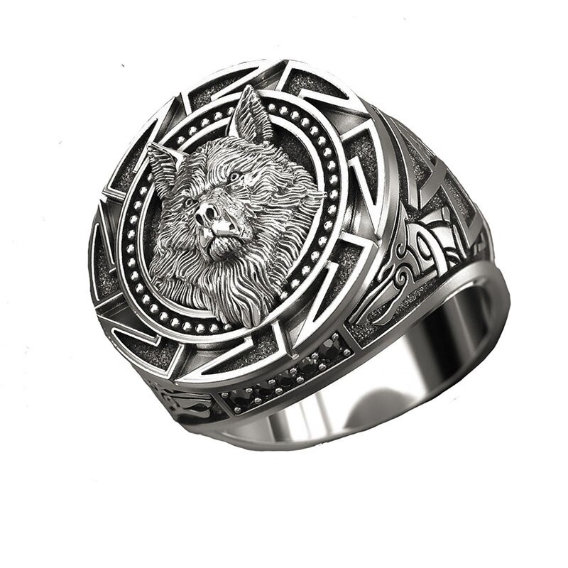 Punk rock style wolf head men's ring with intricate Celtic design in silver, perfect for casual jewelry enthusiasts.