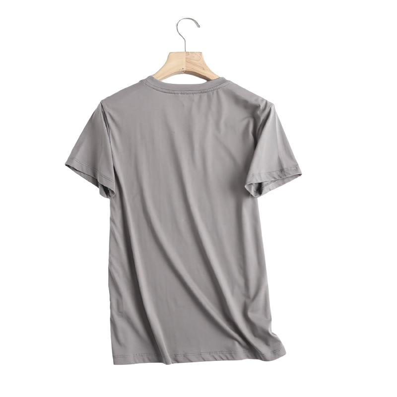 Back view of a grey cotton O neck T-shirt on a wooden hanger, perfect for casual or punk rock outfits.