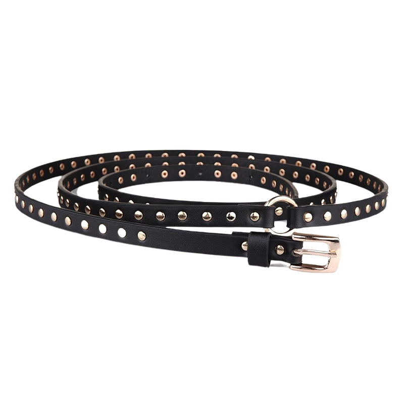 Black punk rock belt with gold rivets, stylish thin long accessory for women, made of quality PU leather.