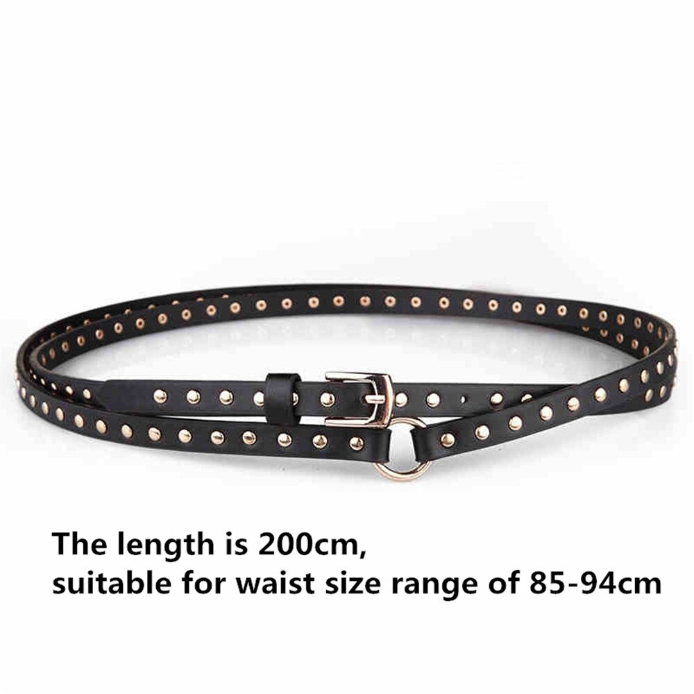 Black punk rock thin belt with gold rivets, 200cm length, fits waist sizes 85-94cm, stylish women's accessory.