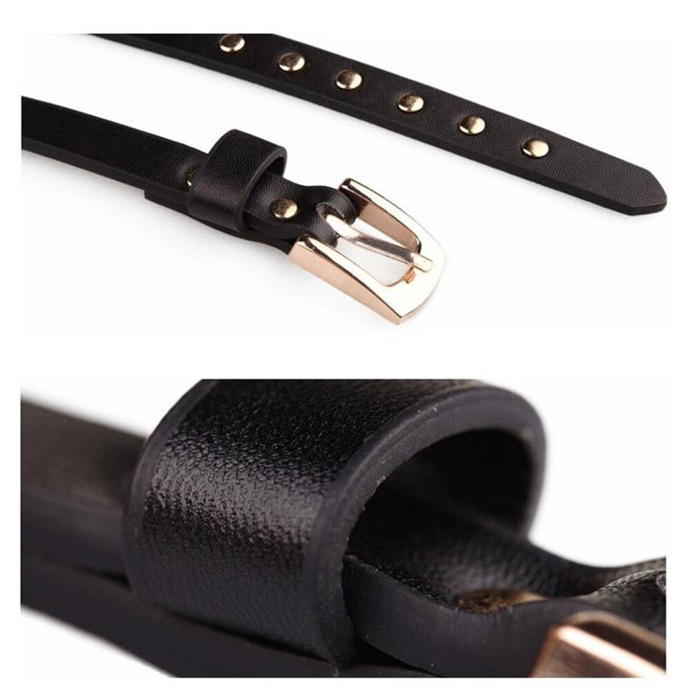 Close-up of punk rock thin long black belt with gold rivets and stylish buckle detail.