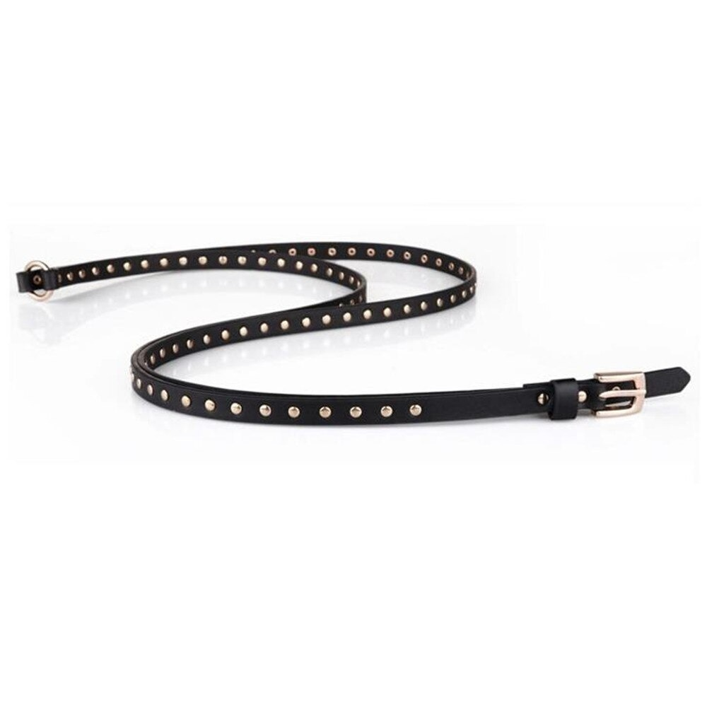 Punk rock thin black belt for women adorned with stylish gold rivets, perfect accessory for bold fashion statements.