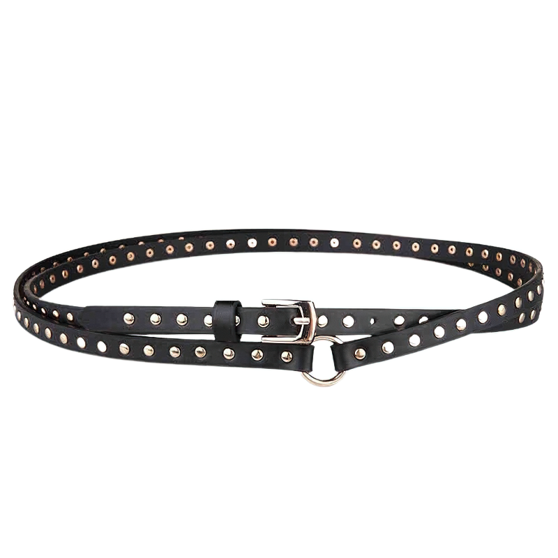 Black punk rock thin long belt for women featuring stylish gold rivets and a sleek design.