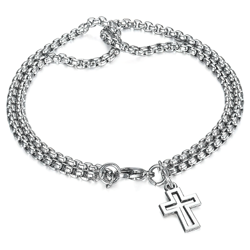 Stylish titanium steel double chain bracelet with cross pendant, perfect for punk rock and biker fashion.