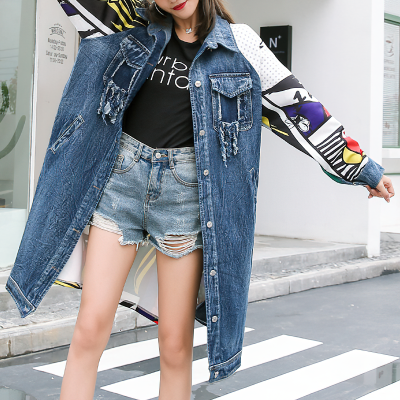 Punk rock women's denim jacket with long sleeves and comic book design, perfect for alternative fashion looks.