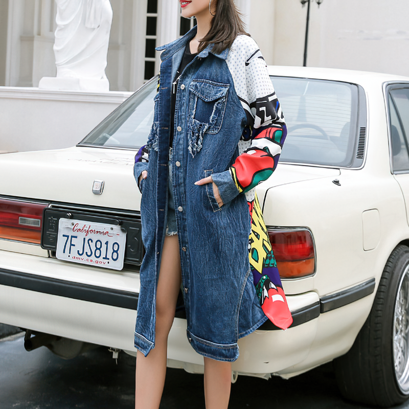 Punk rock women's denim jeans jacket with colorful comic-style sleeves, perfect for trendy spring and autumn outfits.