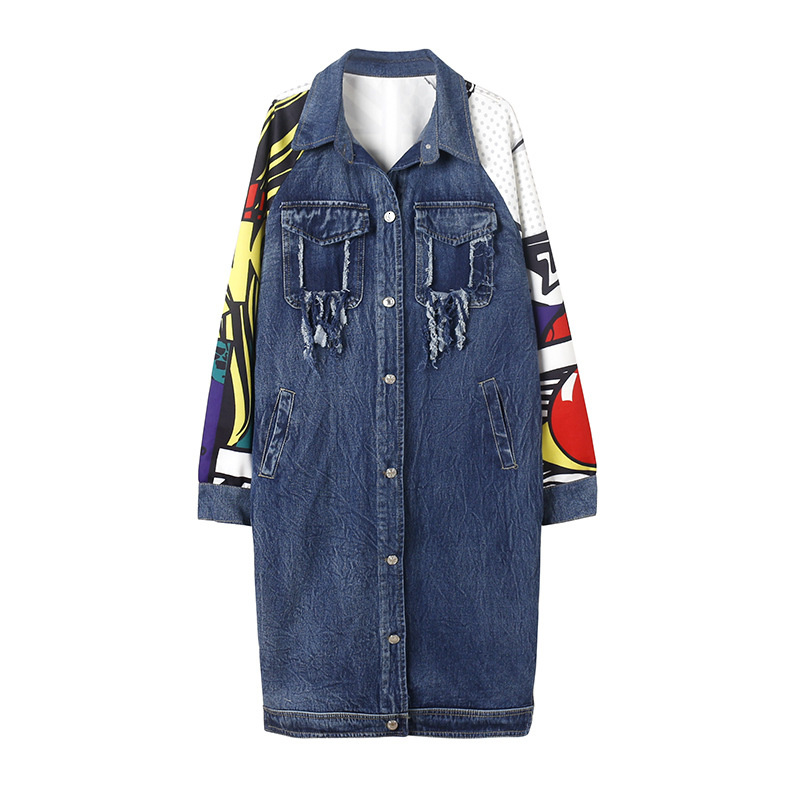 Punk rock women's denim jacket with comic book design and long sleeves, perfect for creating trendy alternative outfits.