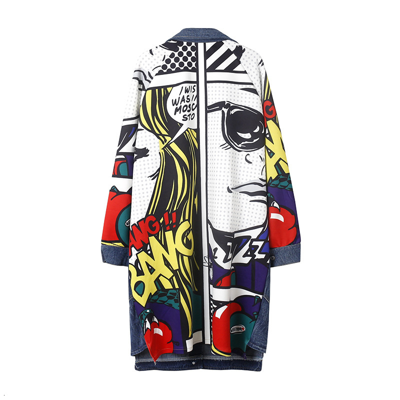 Punk rock women's denim jeans jacket with comic book design, perfect for stylish autumn and spring outfits.