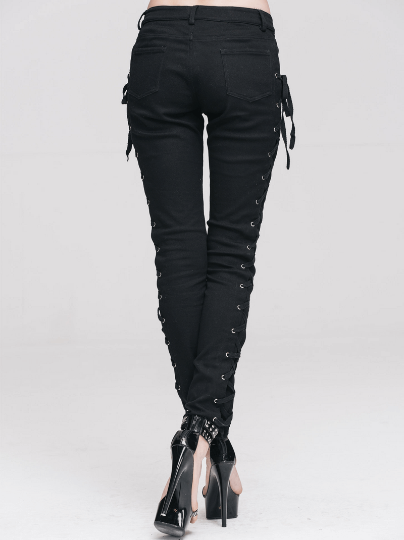 Punk Rock Women's Skinny Pants with Lace Up on Both Sides / Stylish Black Ladies Cotton Trousers - HARD'N'HEAVY