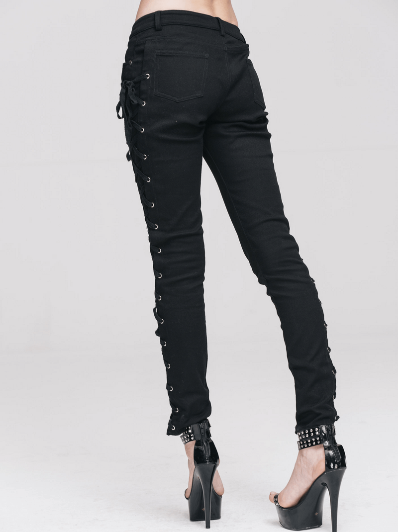 Punk Rock Women's Skinny Pants with Lace Up on Both Sides / Stylish Black Ladies Cotton Trousers - HARD'N'HEAVY