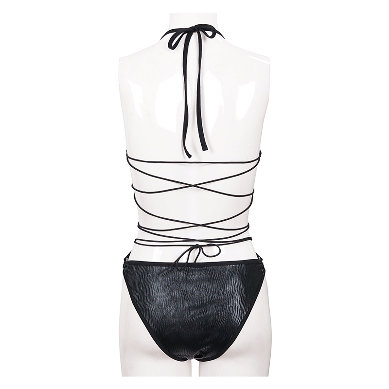 Back view of a punk rock women's swimsuit featuring stylish drawstrings and a sexy cut-out design in black.