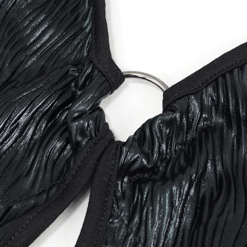 Close-up of the stylish drawstring detail on a punk rock women's black swimsuit, featuring a chic metallic ring.
